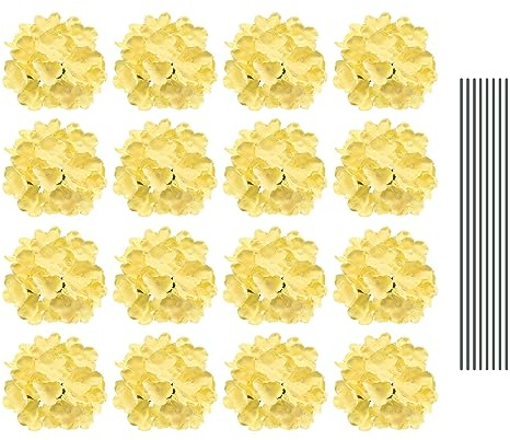 Rebower 30er Set Künstliche Blumen DIY Seidenblumen Hortensien 6 Zoll Gelb | Mit Stielen, Für Blumensträuße Körbe Tischdeko Hochzeit