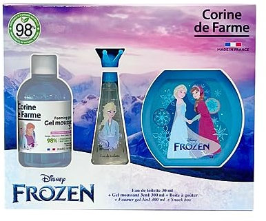 Corine de Farme - Coffret Frozen la Reine des Neiges avec Eau de Toilette 30ml, Bain Moussant 300ml et Boîte à Goûter Cadeau, Fille - Parfum pour Enfant Senteur Fraise - Gel Fruité 3-en-1