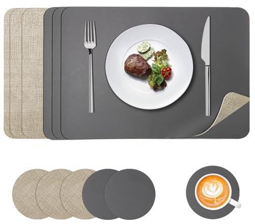 APLKER Tischsets Abwaschbar Leder und Untersetzer, Doppelseitigen Platzset 6er Set rutschfest Platzdeckchen Leder Kunstleder Tischset, 43X30cm (6er Set, Beigegrau)