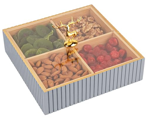 BELLE VOUS Square Divided Bamboo Nuts Platter Tray with Lid – Wooden Storage Box with 4 Compartments (22 x 12cm) – Decorative Multipurpose Serving Tray/Organizer for Tea Bag, Jewellery & Crafts