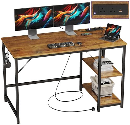 JOISCOPE Computer Desk, 120cm Office Table With Power Outlets, USB & Type-C and Shelves, Modern PC Workstation With Hook, Study Table for Writing, Small Desk for Bedroom Home Office, Rustic Brown