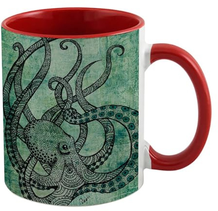 Giftme Beautiful Green Octopus Art Painting Porcelain, 11oz Inside Coloured Ceramic Mug. (Red)