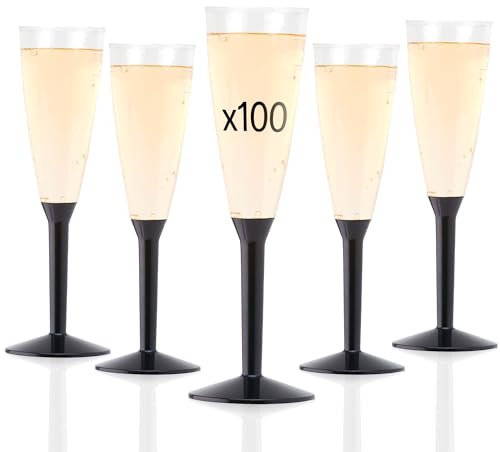 Lot de 100 Flutes Champagne Plastique Lavable et Réutilisable 14cl - Verre Plastique 100% Recyclable, Grande Stabilité, Rigidité Design Élégant - Parfait pour Anniversaire, Mariage (Noir)
