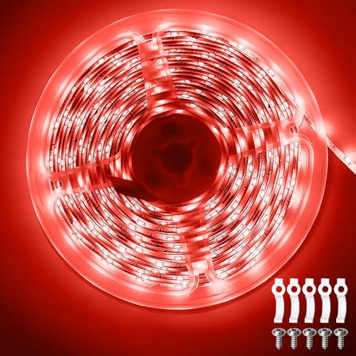 ShineBurky 12V LED Streifen Rot 5M, LED Strip Flexibel Schneidbar 300 SMD2835 LEDs Wasserdichtes Selbstklebend Lichtband für Innen Schlafzimmer Küche Weihnachten Deko, Kein Netzadapter