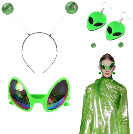 Kotkiddy® Alien Stirnband Brille und Ohrringe, Party Head Boppers Stirnband Außerirdische Brille Silberne Geeignet Als Foto-Requisiten Und Atmosphären-Requisiten