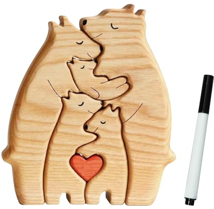 YANGUN Personalisiertes Holzkunstpuzzle der Bärenfamilie mit 1-5 Namen, Holz Bär Skulpturen Desktop Ornament Home Tischdekoration, Bärenfamilienfigur Aus Holz, Geschenk für Familie