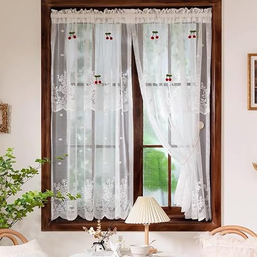 Devola Scheibengardinen Spitze Kurzgardine Landhaus Transparent Bistrogardine Blumenmuster Küchengardine Vintage Gardinen Französischer Landhausstil HxB 100x100cm Weiß 1 Stück