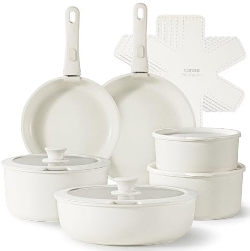 CAROTE 17pcs White Granite Nonstick Detachable Handle Cookware Set, Induction Compatible, Oven Safe, Saucepan Set