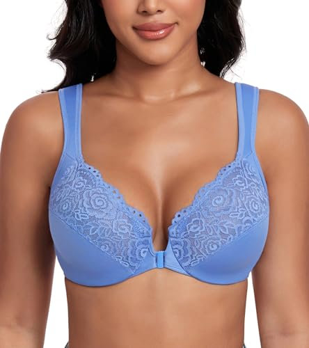 DotVol Women's Front Closure Wide Strap Underwire Bra Lace Plus Size U-Back Unlined Everyday Bra(Aqua-Blue,38D)