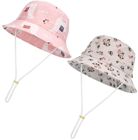 Partideal 2 Packs Baby Sun Hat,Toddler Bucket Hat,Toddler Sun Hat | Baby Hats for Infants Girls;Wide Brim Beach Cap;Hat with Chin Strap;for Girls(6-15 Months)