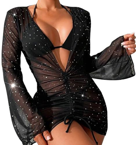 HSAJS Camisolas Playa Mujer Bikini Cover up Pareo Transparente con Brillo Vestido Gasa Manga Larga Ropa Baño Verano Beachwear Camisa Suelto Vacaciones