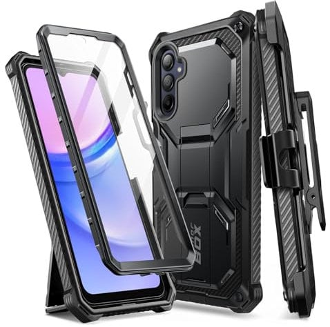 i-Blason Armorbox Hülle für Samsung Galaxy A15 5G, Robust Schutzhülle mit integriertem Displayschutz, Ständer und Gürtelclip (Schwarz)