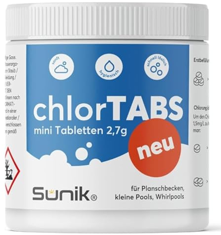 Sunik® Chlortabletten Pool mini 2,7g - Chlor Tabs mini schnelllösliche multitabs für Aufstellpool, Planschbecken, Chlor für Kinderpool- Whirlpool, Wasserpflege für Pools & whirlpools - 486g Dose