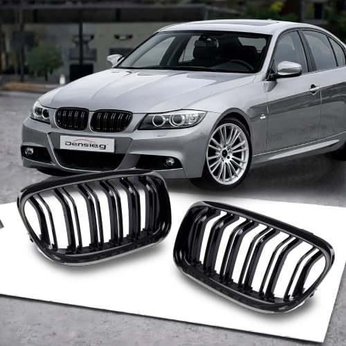 Densieg Doppelsteg Glanz Schwarz Nieren Grill Kompatibel mit BMW 3er E90 E91 LCI 2008-2012 Limousine Touring Kühlergrill Ziergitter Sportgrill (E90 2008-2012)