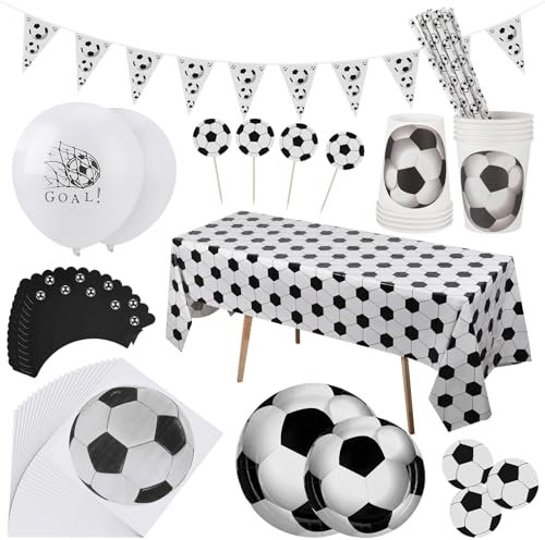 Yamitora 120 Stück Fußball Party Dekorationen Partygeschirr Set, Fussball Deko Geburtstag, Kindergeburtstag Partyzubehör, Pappteller, Tassen, Servietten, Strohhalme, Tischdecke, Banner, Luftballons