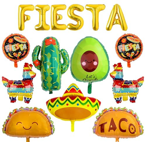 Fiesta Balloons for Fiesta Party Decorations, 14pcs Cinco De Mayo Balloons Taco Cactus Llama Avocado Foil Balloon Mexican Party Papel Picado Banner for Taco Luau Decorations
