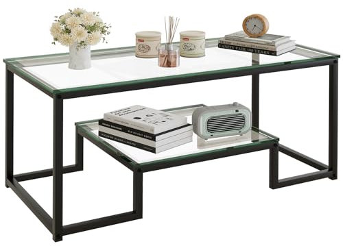 Huhote 2 Tier Coffee Table, Center Table, Tea Table, Living Room Table with Black Metal Frame, for Living Room Bedroom Office, Modern Open Design, 39.3 x 18.8 x 17.7 IN, Glass
