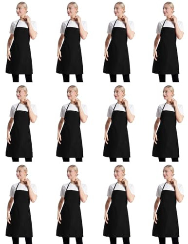 CWFUN 12 pack Black Apron bulk for Women Men with Pockets, Plain Adult Bib kitchen Cooking bbq Painting Aprons