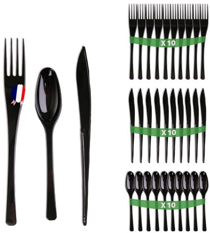 Set 30 couverts noir en plastique dur - Fabriquée en France - Ménagère noire de 10 fourchettes, 10 couteaux, 10 cuillères - Réutilisables et recyclables - Passe au lave vaisselle - Table'Colors
