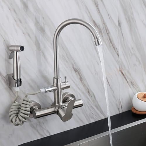 ZYCDP Robinet Cuisine Mural avec Douchette, Robinet de Cuisine en Acier Inoxydable Mitigeur Cuisine Chaud et Froid à Poignée Unique Brossé