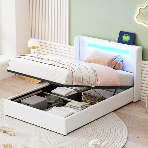 Kinderbett 90x200cm, PU-Leder, LED-Licht, Bluetooth-Player, USB-Ladung, Stauraum, Hydraulik-Bettkasten, Jugendbett mit Lattenrost, bis 150kg, Weiß