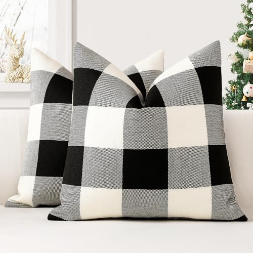 JOTOM 2er Set Buffalo Plaid Kissenbezüge, Dekorative Weich Plaid Wurf Kissenbezug Moderne Kissenhüllen Sofakissen Dekokissen Zierkissenbezug für Wohnzimmer Schlafzimmer Deko (60x60cm, Weiß+Schwarz)