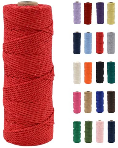 POPOYU Cordon en coton naturel pour macramé - 2 mm - 100 m - Sans produits chimiques - Pour loisirs créatifs, macramé, emballage cadeau, décoration de Noël et de mariage - Rouge