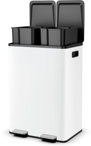 GOPLUS Poubelle Tri 60L, Poubelle à Domicile avec 2 Compartiments 30L avec Ouverture Fermeture Douce, Compartiment Désodorisant Intégré et Cadre Résistant aux Empreintes Digitales (Blanc,60L-2x30L)