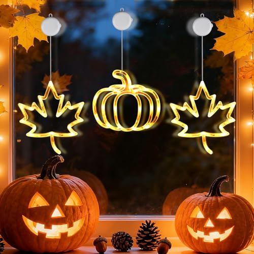 3 Stück Herbst Deko, Herbstdeko Fenster, Ahornblatt Licht, Kürbis, Herbst Lichterkette mit Saugnapf, Batteriebetriebene Fensterdeko Herbst für Herbstdeko und Weihnachtsdeko Halloween Deko (Herbst)