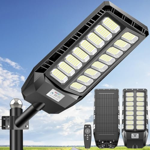 Adewalk 3000W lampadaire solaire avec télécommande, Lampe solaire extérieure étanche ip66 avec capteur de mouvement, 6500k lumière solaire super lumineux spot Solaire LED jardin extérieur garage rue