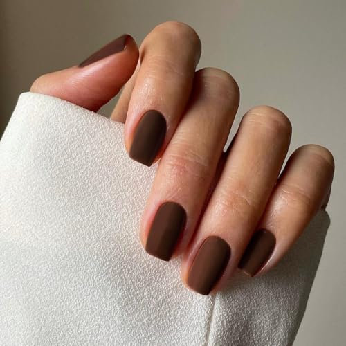 SXVME Matte Brown Press on Nails Short Square, Classic Acrylic Fake Nails Press ons, Natural False Nails Short Coffin Reusable Solid Color Acrylic Nails Glue on Nails for Women Daily Wear 24 Pcs