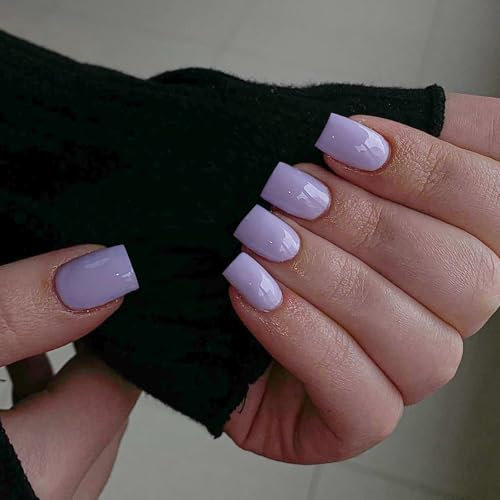 SXVME Lilac Press on Nails Short Square Acrylic Short False Nails Coffin Natural Acrylic Fake Nails Set Elegant Solid Color Full Cover Glossy Gel Stick on Nail for Women Daily Wear 24 Pcs