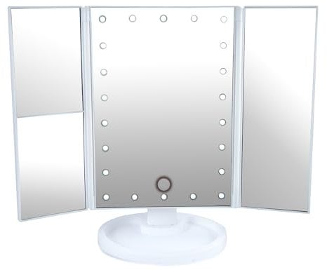 NSA Tri Folding Makeup Vanity Mirror with Lights - 22 LED Table Mirror with 2X/3X Magnification, 180° Rotation, and Dual Power Supply - Travel Makeup Mirror with Adjustable Dimming Touch Sensor