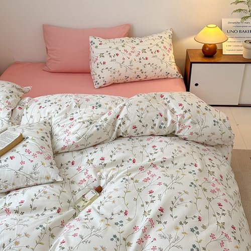 Freyamy Blumen Bettwäsche 135x200cm 2teilig Baumwolle Beige Rosa Bunt Floral Blätter Pflanzen Bettwäsche Set Blumenmuster Mädchen Deckenbezug Bettbezug mit Reißverschluss und Kissenbezug 80x80cm