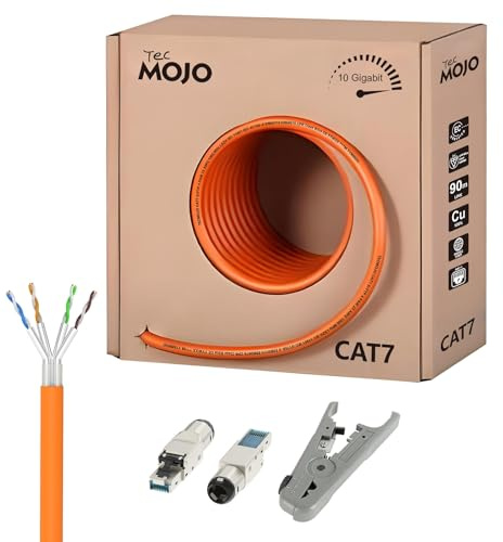 Tecmojo CAT7 S/FTP 50M, 10Gigabit LAN Ethernet Network Bulk Cable Pure Copper Conductor 23AWG with 30% AL-MG Braiding Shielding LSZH B2ca Orange, with Cable Cutting Stripping Tool and RJ45 Connectors