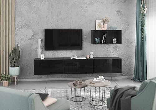 BMG Möbel Wohnwand Set 5 teilig individuell montierbar, 3 Schränke Mir Klappen und Softclose, 2X offenes Regal, wählbar in 8 Farbkombinationen (Anthrazit - Schwarz Hochglanz)