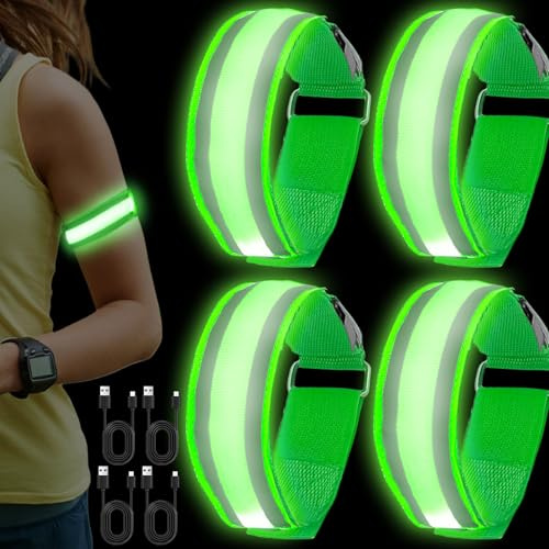 VEGOATY 4 Stück LED Armband Aufladbar, USB Wiederaufladbar Leuchtarmband Reflektorband Reflective Band Led Armbänder für Erwachsene Laufen, Joggen und Radfahren