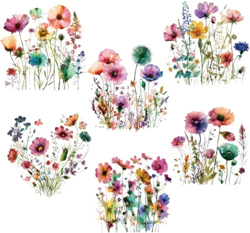 SUPERDANT 6PCS Watercolor Flowers Iron On Transfer Paper Colorful Heat Transfer Sticker DIY Iron-on Decals Washable DTF Transfers Ready to Press for Girl Clothing T-Shirt Bags Jacket Decor