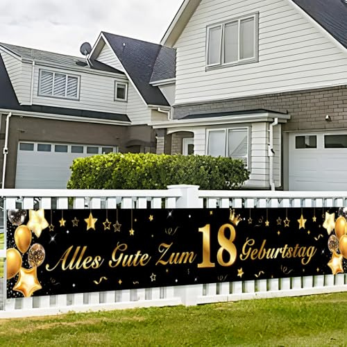 18. Geburtstag Deko Banner Gold-Schwarz, 40 x 270 cm Banner Geburtstag 18 | Geburtstagsbanner 18 Lange Hintergrund Banner + Seil, Happy 18th Birthday Banner, Geburtstagsdeko 18, Geburtstags Banner 18