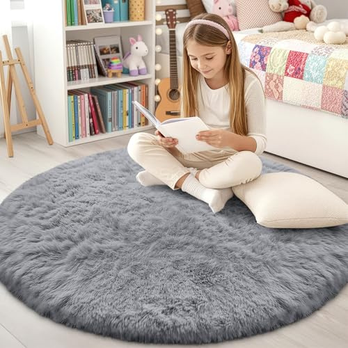 smiry Flauschig Hochflor Teppich Wohnzimmer, Rund 120x120 cm, Grau | Rutschfest Waschbarer Moderner Teppiche Kuscheliger Wohnzimmerteppich fürs Kinderzimmer Schlafzimmer