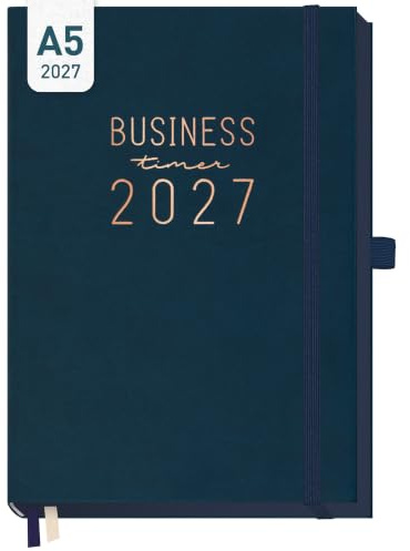 Häfft Business-Timer Deluxe Kalender 2027 A5 Nachtblau | 1 Woche 2 Seiten - Buchkalender Wochenplaner mit Stunden-/Halb-Stunden-Takt, Kunstleder-Hardcover & hochwertiger Ausstattung