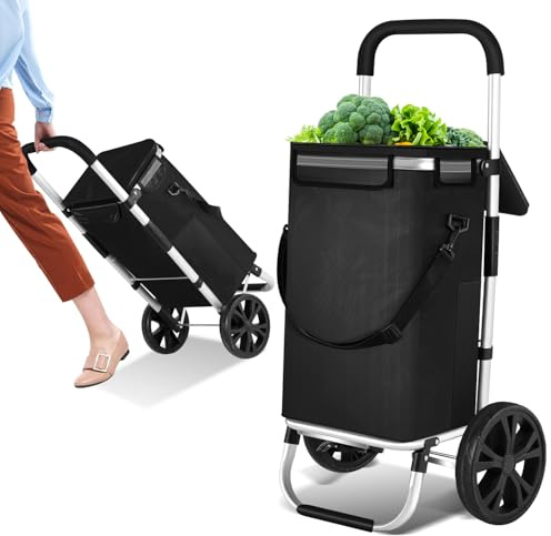 Peviasot Einkaufstrolley klappbar mit Kühlfach, 40 L Einkaufswagen mit Rollen, abnehmbare Einkaufstasche, Handwagen bis 40 kg, faltbar, 1680D Oxfordstoff, Aluminiumrahmen, Schwarz, leicht