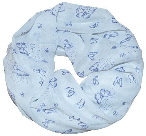 thb Richter Damen glitzernder Loopschal Schlauchschal mit Schmetterlinge Butterflies Muster Glitzer Glanz Schal Rundschal Leicht Weich Soft Butterfly Schmetterling (Weiß)