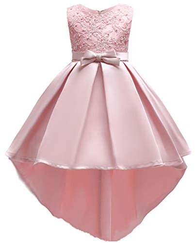 OBEEII Abito da Principessa con Ricamo Floreale Asimmetrico Hi-Lo Senza Maniche Elegante Vestito da Cerimonia Sposa Sera Prima Comunione Damigella Bambina Cocktail Prom per Ragazze 9-10 Anni Rosa