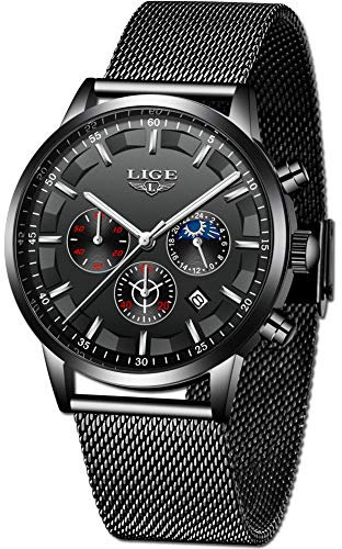 LIGE La Mode Herren Uhren Business Wasserdicht Chronograph Quarz Herren Uhr Mondphase Schwarz Edelstahl Mesh Gürtel Uhren, schwarz/silberfarben, Geschenk für Männer