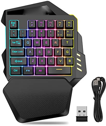 Einhand Gaming Tastatur, Kabellos, 2,4 G, Kabellos, Regenbogen Buchstaben, RGB Farblicht, Einhand Tastatur, 35 Tasten, Linke Hand Gaming Tastatur, Ergonomische Tastatur mit Mechanischem Gefühl für Spi