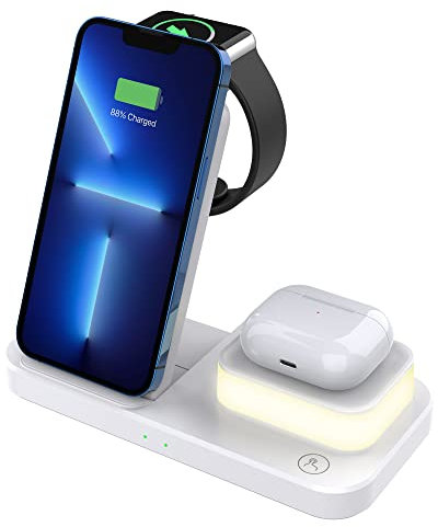 Stazione di Ricarica Wireless,Dikkar Caricabatterie Wireless 4 in 1 con Luce Notturna Compatibile con iPhone 12/11,Dock di Ricarica Wireless Pieghevole Compatibile con Apple Watch 7-1 Airpods (Bianco)