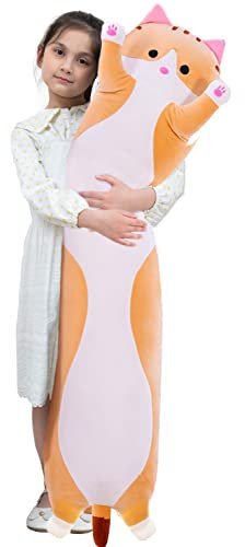 Jouet en peluche chat - Coussin long - Mignon chat - Peluche kawaii - Coussin de canapé - Cadeau pour amis enfants (jaune, 50 cm)