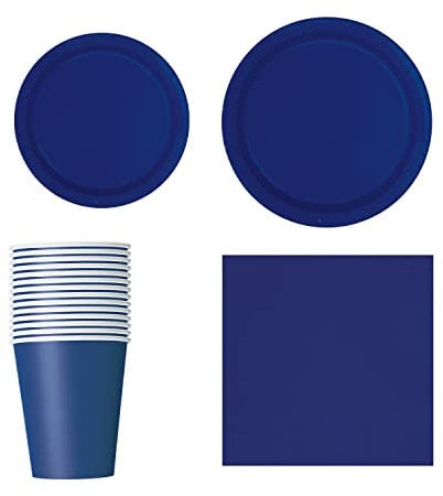 Trimming Shop Ensemble de Vaisselle de fête jetable 70 pièces, Assiettes Rondes de 7 Pouces, 16 Assiettes de 9 Pouces, 14 Tasses de 9 oz, 14 pièces, Serviettes de Barbecue, Mariages, Bleu Roi