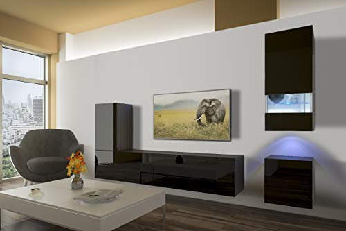 Furnitech Colmar N18 1A Modernes Wohnzimmer Wohnwände Wohnschränke Schrankwand Schwarz Weiß Hochglänzend (LED blau, AN18-18B-HG1 1B)